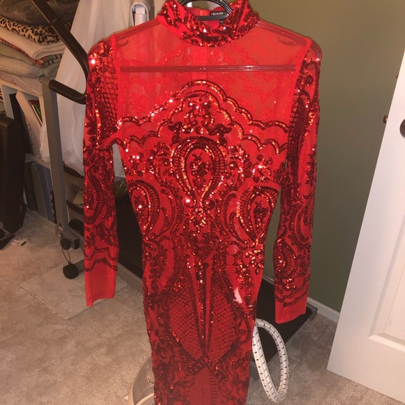 Red mesh sequin long sleeve past knee dress - Picture 3 of 9